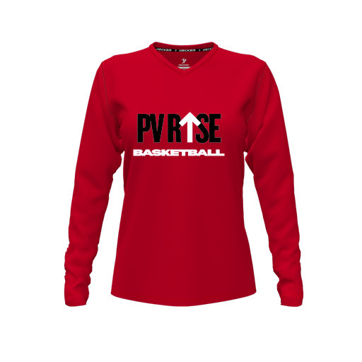 [CUS-DFW-TEES-PER-VNK-LSL-RED-FYXS-LOGO2] Decker Performance T-Shirt (Female Youth XS, Red, V Neck, Logo 2, Long Sleeve)